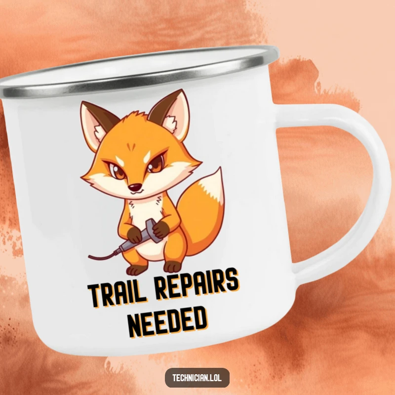 Funny camping mug with a determined fox holding a soldering iron, perfect for engineers and makers who enjoy the outdoors.