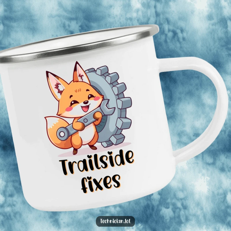 Funny camping mug with a cute fox holding a wrench, tightening a giant bolt, ideal for handy outdoor enthusiasts.