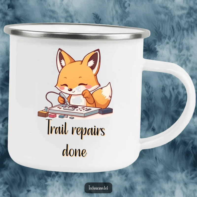 Funny Fox Tech Camping Mug: An energetic fox uses tweezers on small parts, bringing focus and humor to your outdoor beverage.