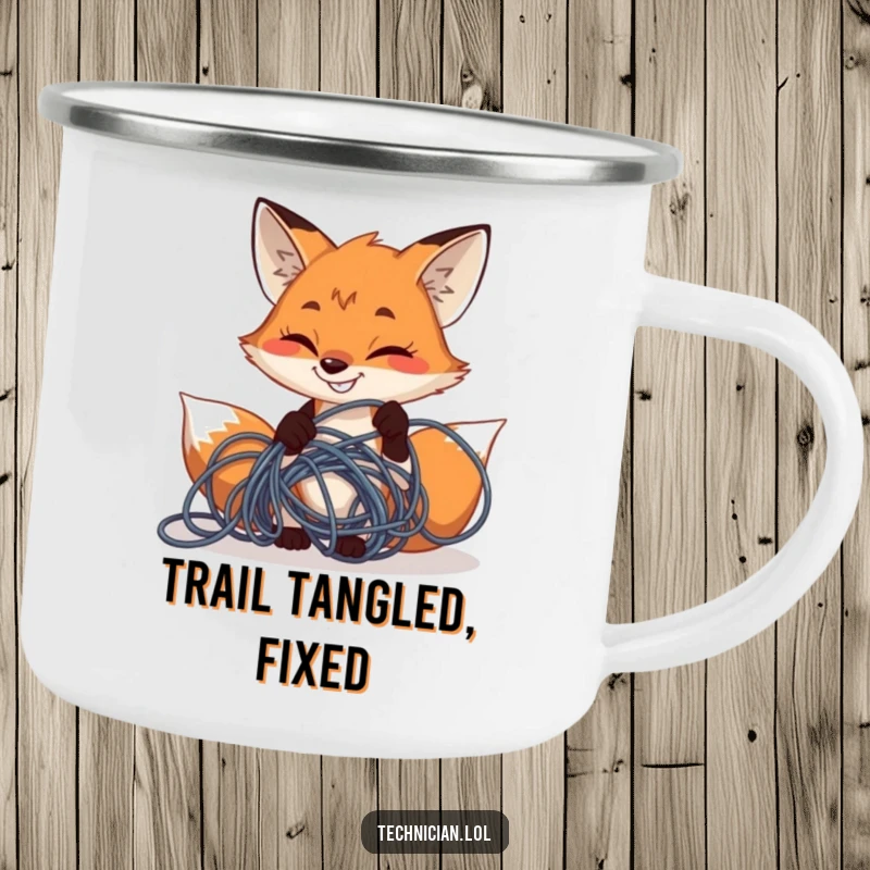 Funny determined fox grinning while fixing tangled wires, on a rustic camping mug, great for outdoor funny gift.