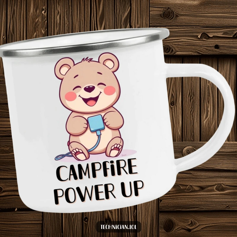 Durable enamel camping mug with a funny giggling bear plugging in a cable, ideal for outdoor use.