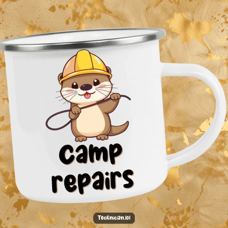 Funny camping mug with a playful otter wearing a hard hat and holding a wire, perfect for outdoor fun and a funny gift.