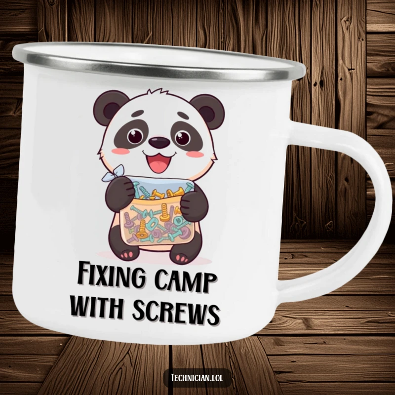 Funny camping mug with a silly panda proudly holding a bag of assorted screws, perfect for outdoor use.