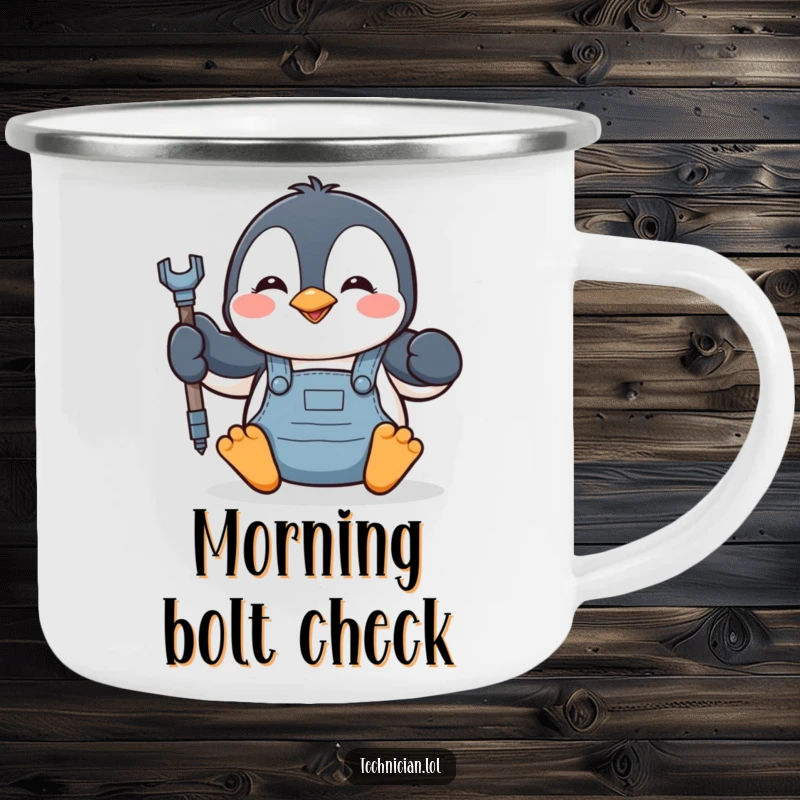 Durable enamel camping mug featuring a funny penguin mechanic tightening a bolt, designed for outdoor use.