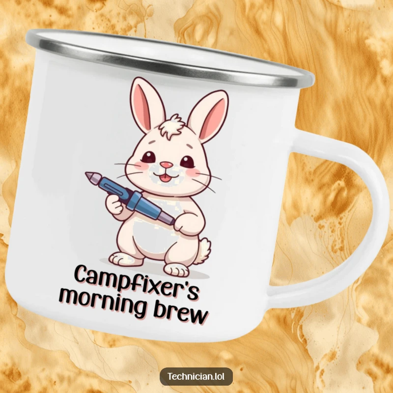 Funny Rabbit Camping Mug showing a content rabbit looking satisfied while holding a screwdriver, built for outdoor projects and humor.