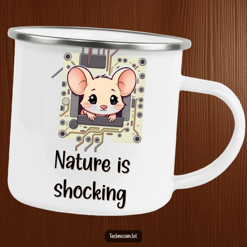Funny shy mouse peeking from a circuit board, looking amazed, on a durable camping mug.