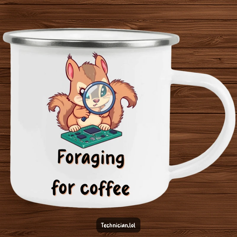 Funny camping mug featuring a determined squirrel analyzing a circuit board with a magnifying glass, great for outdoor focus.