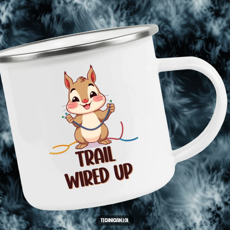 Funny cheerful squirrel smiling while connecting colorful wires, on a rustic camping mug, great for outdoor funny gift.
