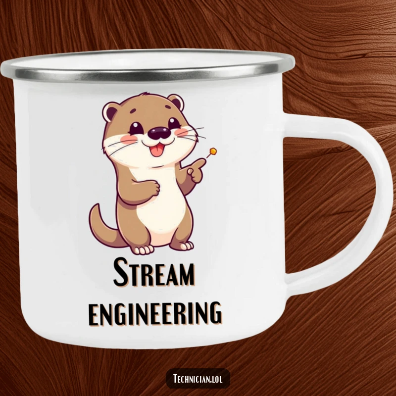 Funny camping mug with a cheerful otter pointing at a complex schematic, perfect for outdoor beverages and planning sessions.