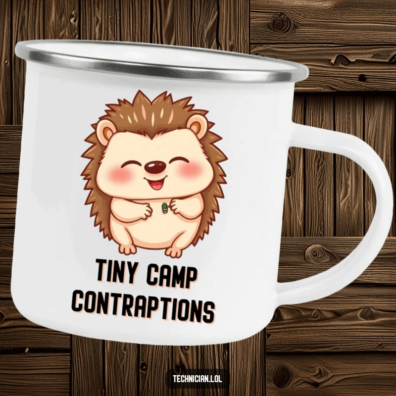Funny camping mug with a giggling hedgehog meticulously inserting a tiny component, perfect for outdoor enthusiasts who love humor and nature.