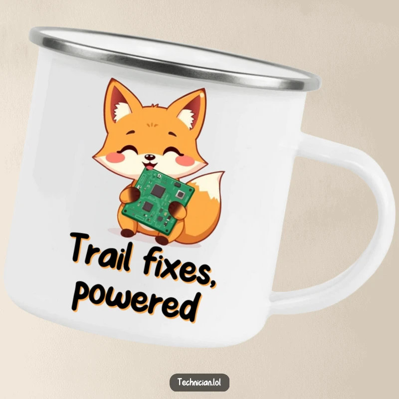 Funny camping mug, cheerful fox holding a repaired circuit board, outdoor tech gear, rugged humorous mug.