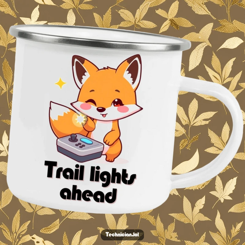 Funny camping mug featuring a playful fox pointing at a flashing light on a console, great for outdoor fun.