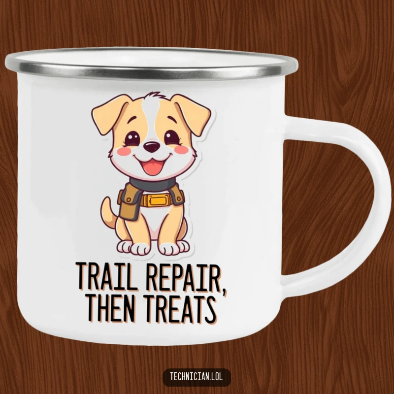 Funny camping mug with a joyful puppy wearing a tool belt, looking eager to help on adventures, ideal for outdoor enthusiasts.