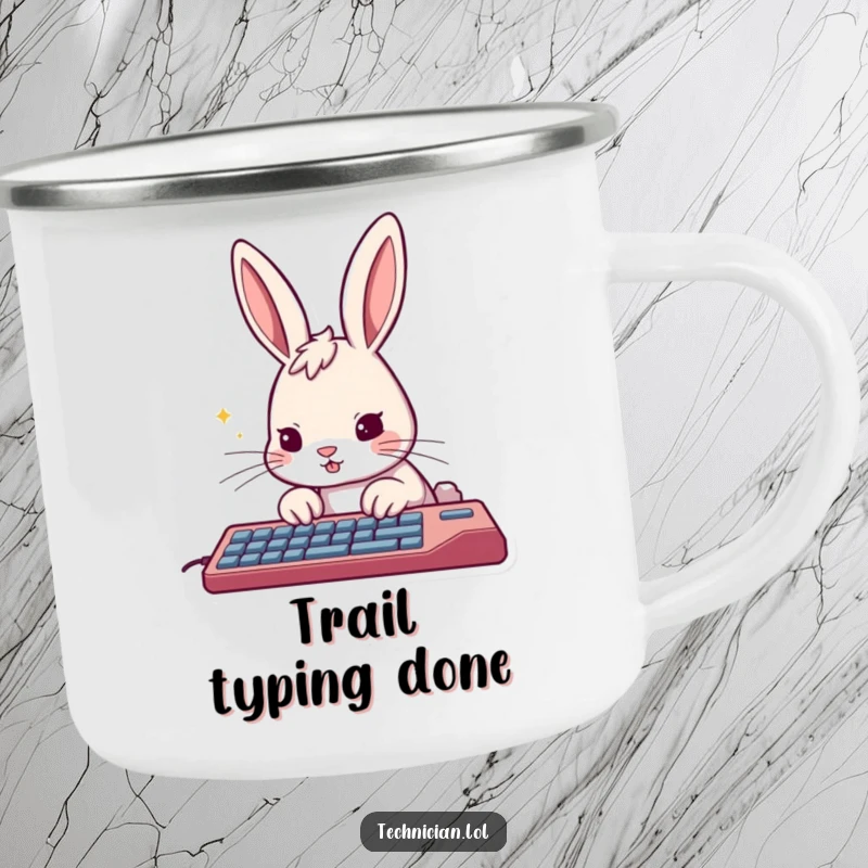 Funny rabbit camping mug, furiously typing on a keyboard, ready for any wilderness task with determination.