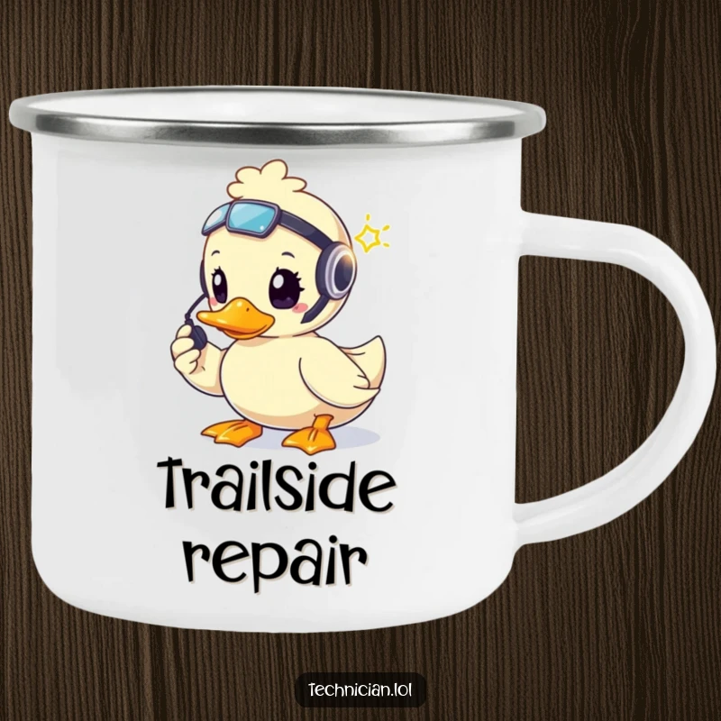 Funny brave duck wearing a headset, fixing a blinking light, on a sturdy camping mug.