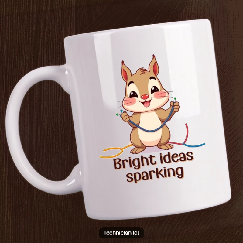 Funny cheerful squirrel smiling while connecting colorful wires, on a coffee mug, ideal for a funny gift.