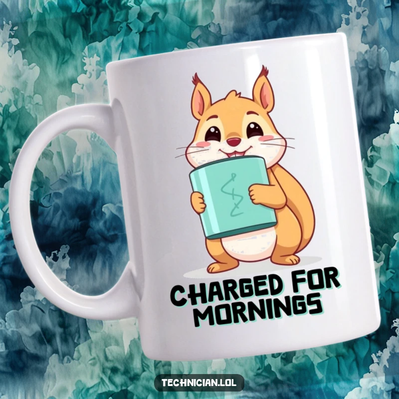 Funny happy squirrel with a proud smile, holding a large capacitor, on a coffee mug.