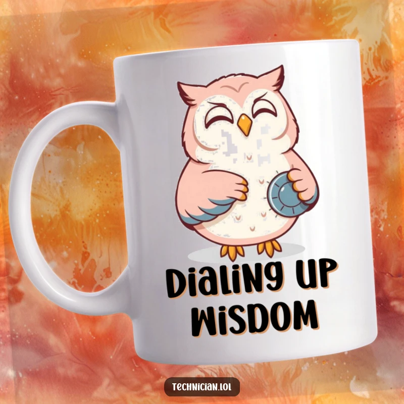 Funny mug showing a content owl smiling while adjusting a dial on a control panel, representing wise and calm operation.