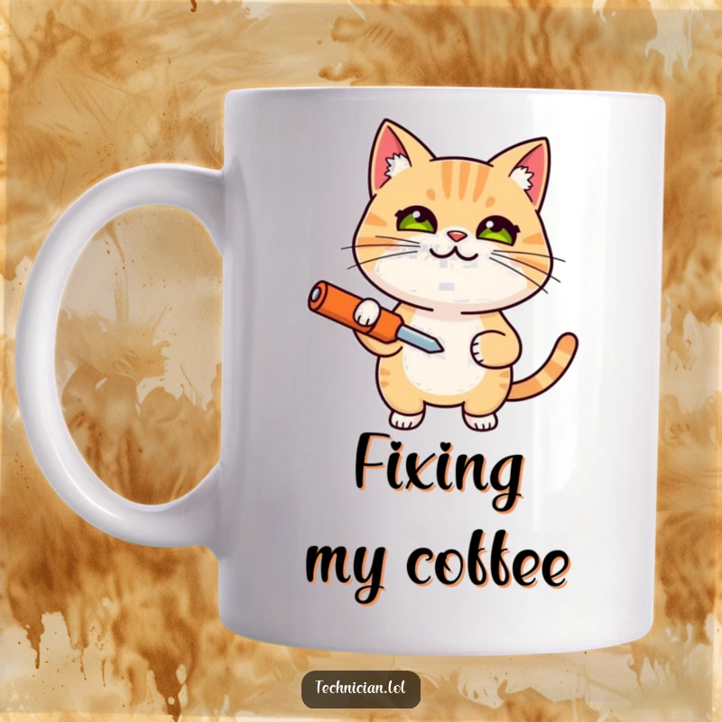 Funny mug with a smiling, determined cat holding a screwdriver, a humorous gift for mechanics and cat enthusiasts.
