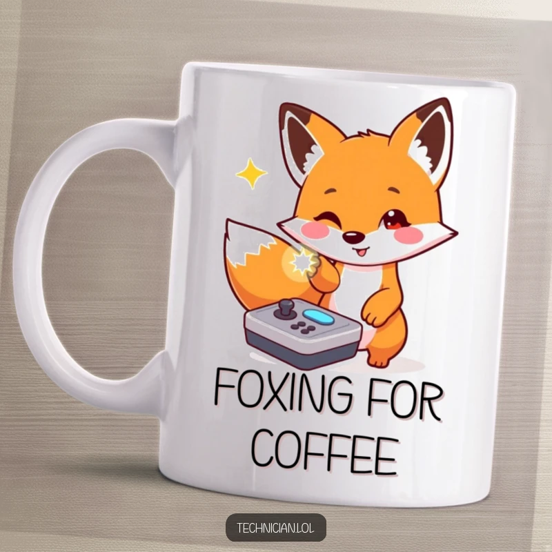 Funny mug with a playful fox excitedly pointing at a flashing light on a console, a curious gamer.