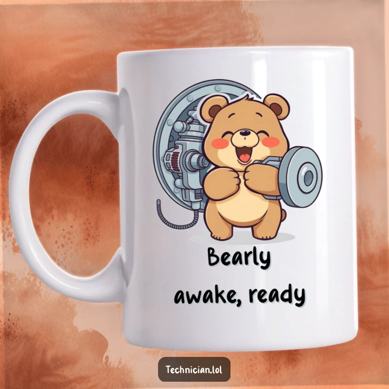 Funny mug with a cheerful bear tightening a screw on a complex machine, showcasing a happy and focused mechanic.