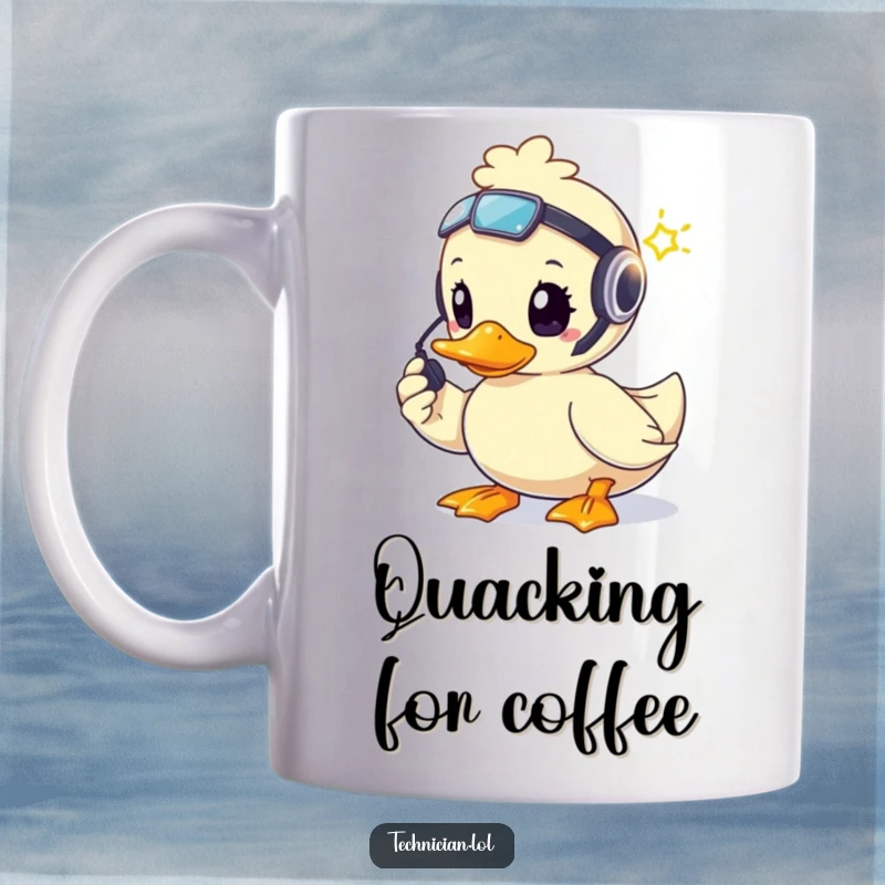 Funny brave duck wearing a headset, intently fixing a blinking light, on a coffee mug.