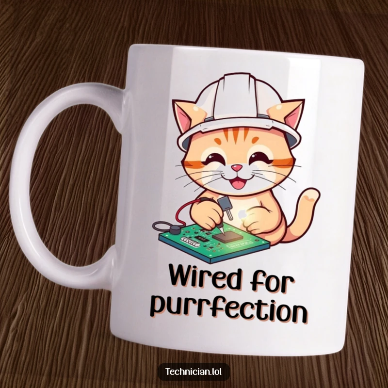 Funny mug showing a cheerful cat in a hard hat carefully soldering a glowing circuit board, a tech-themed cartoon.
