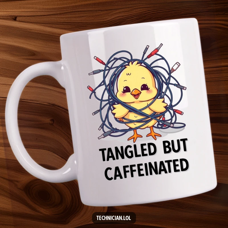Funny Mugs: A playful chick is comically tangled in a mess of colorful cables, illustrating delightful tech confusion with wide-eyed innocence.