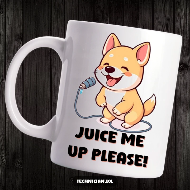 Funny dog mug showing an excited, bouncing dog enthusiastically plugging a USB cable into a port, full of energy.