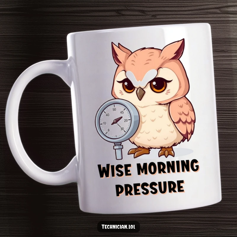 Funny owl with intense focus, meticulously checking a pressure gauge, printed on a coffee mug.