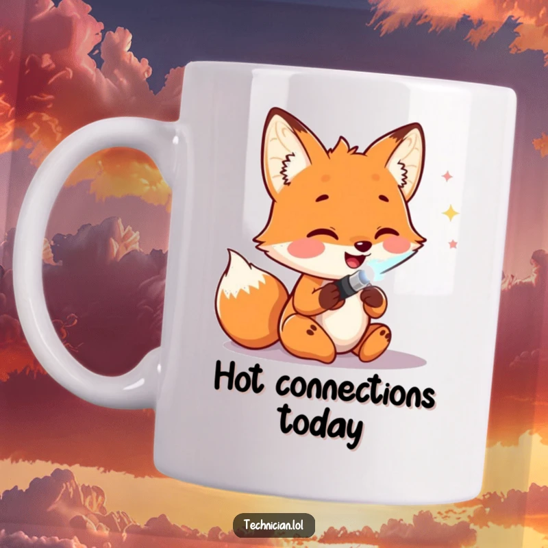 Funny Mugs: A happy fox with a focused grin excitedly solders wires with a glowing tool, showcasing passion and meticulous crafting with a cheerful vibe.
