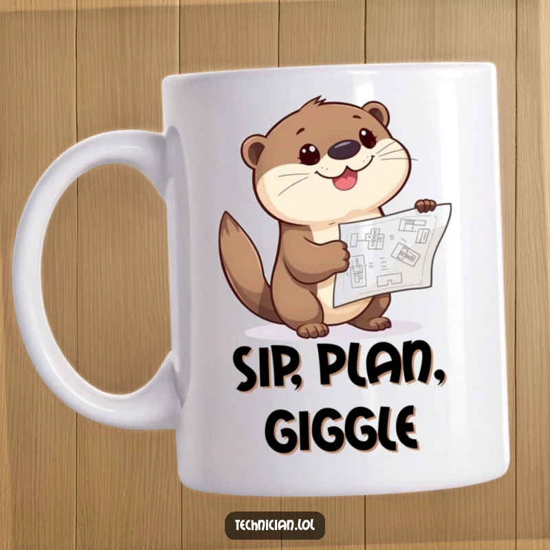 Funny Otter Architect Mug featuring a giggling otter pointing curiously at a blueprint, planning something fun.