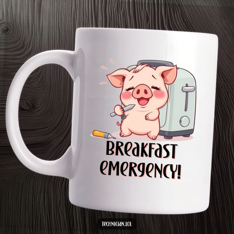 Funny mug with a giggling piglet holding a screwdriver, comically attempting to fix a toaster, bringing joy and humor.