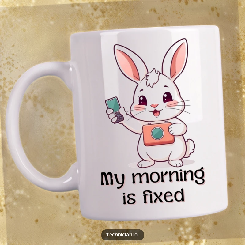Funny mug features a proud rabbit holding up a successfully repaired gadget, beaming with accomplishment and technical prowess.