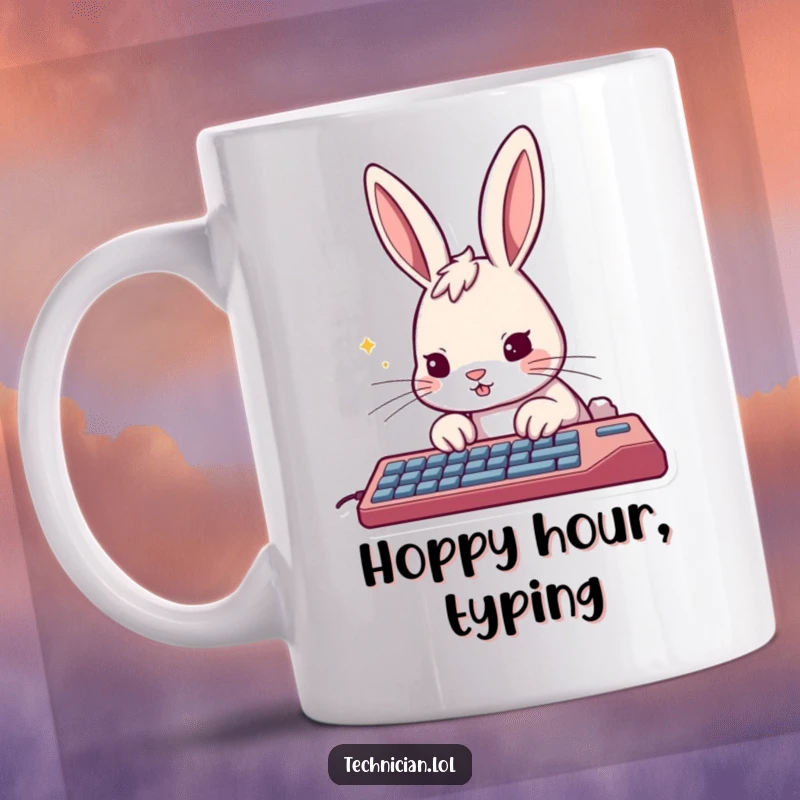 Funny rabbit mug, furiously tapping a keyboard with a determined expression, embodying speedy productivity.