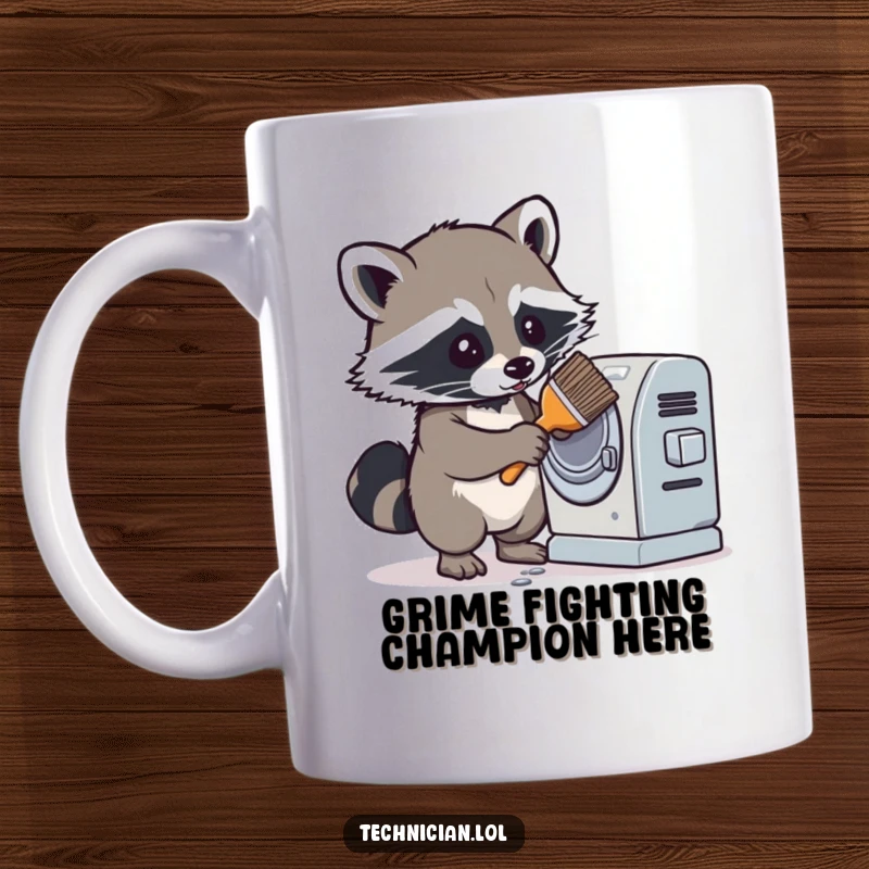 Funny mug with a determined raccoon diligently cleaning a dusty machine with a brush, showcasing its focused and industrious personality.