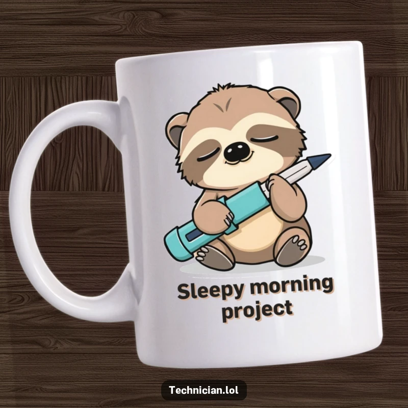 Funny Sloth Screwdriver Mug: A sleepy sloth holds a screwdriver upside down, embodying a humorous take on DIY and relaxation.
