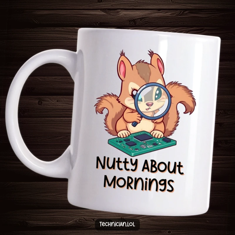 Funny mug with a determined squirrel analyzing a circuit board with a magnifying glass, a focused engineer.