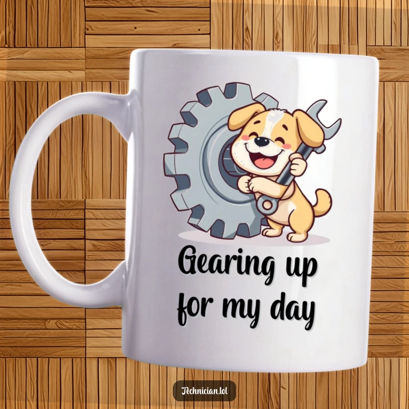 Funny dog mechanic mug, a happy pup enthusiastically tightening a bolt on a giant gear with a wrench.