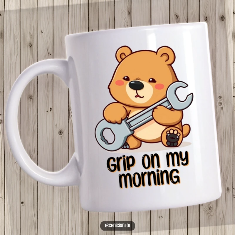 Funny Mugs: A determined bear powerfully tightens a bolt with a large wrench, embodying strength, focus, and mechanical prowess with a gruff charm.