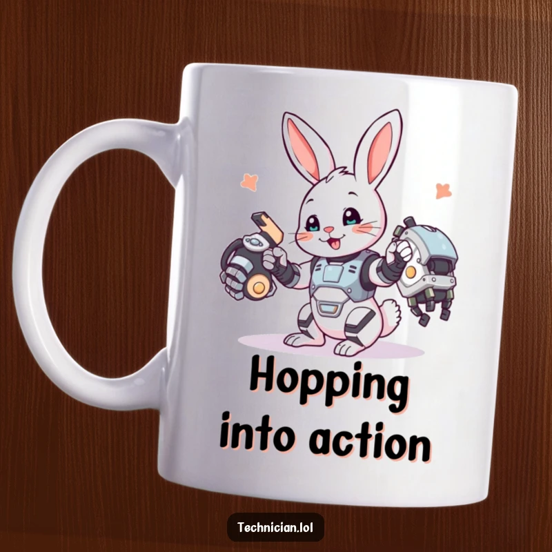 Funny bunny engineer mug, a playful bunny happily assembling a robotic arm with a smile, looking industrious.