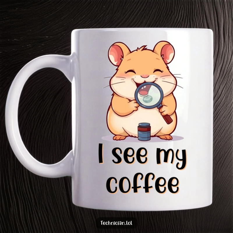 Funny mug showing a giggling hamster intently examining a small component with a magnifying glass, a scene of focused cuteness.