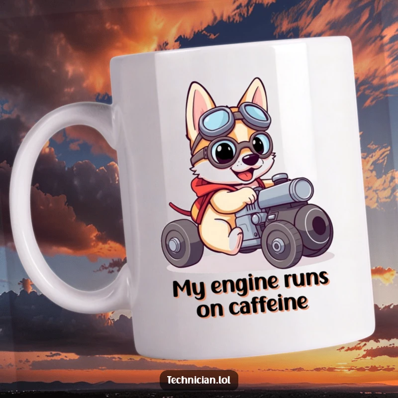 Funny dog wearing goggles working on a small engine, looking brave and focused, perfect for mechanics and dog lovers.