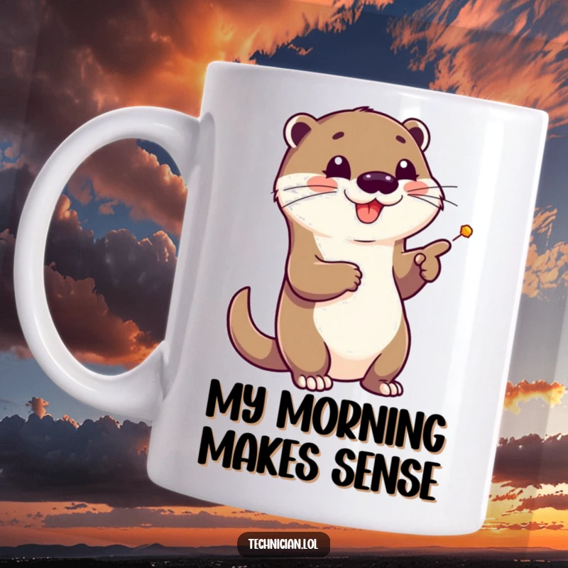 Funny mug shows a cheerful otter excitedly pointing at a complex schematic, embodying enthusiasm and analytical joy.