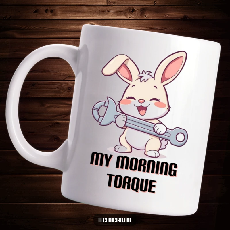 Funny bunny mechanic mug, a happy hare enthusiastically tightens a bolt with a large wrench, skilled and cheerful.