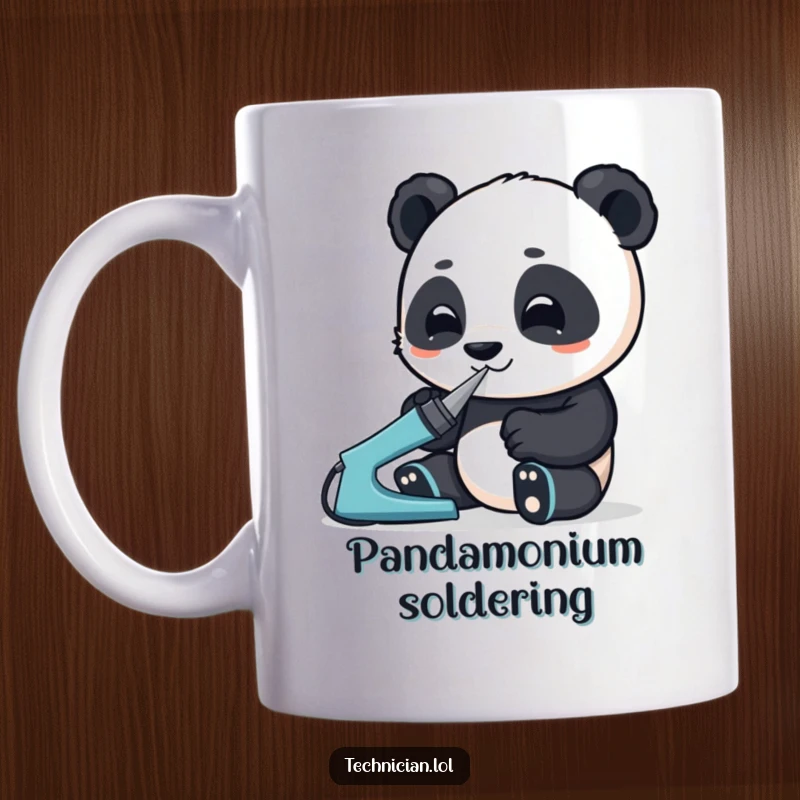 Funny mug showing an enthusiastic panda using a soldering iron with great focus, embodying dedication to crafting and electronics.
