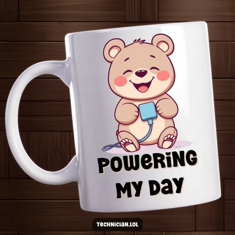 Funny bear giggling while plugging in a computer cable, looking very satisfied, perfect for tech enthusiasts.