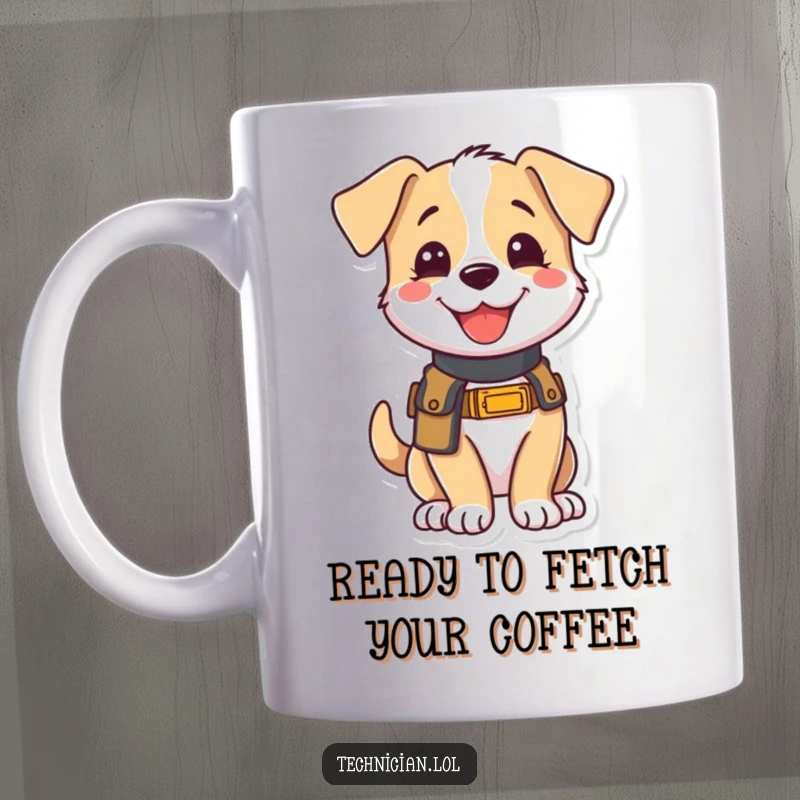 Funny mug with a joyful puppy wearing a tool belt, looking eager and ready to help with tasks, radiating happiness and helpfulness.