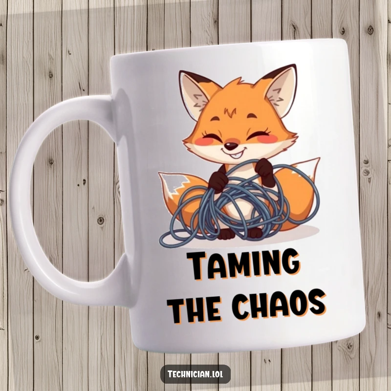 Funny determined fox with a big grin fixing tangled wires, on a coffee mug, ideal for a funny gift.
