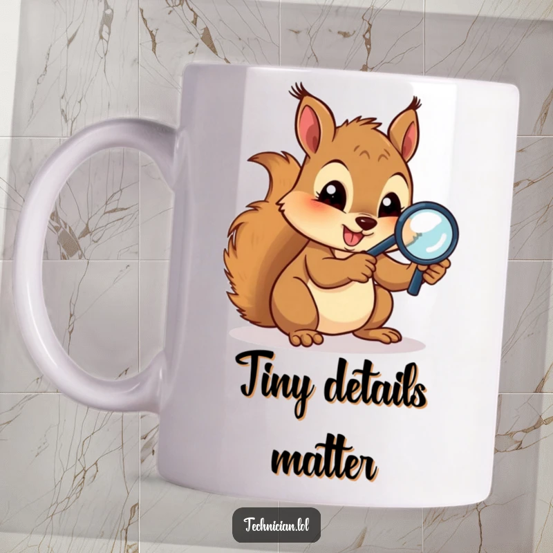 Funny Mugs: A gleeful squirrel peers intently through a magnifying glass at intricate circuits, showcasing focused curiosity and a love for discovery.
